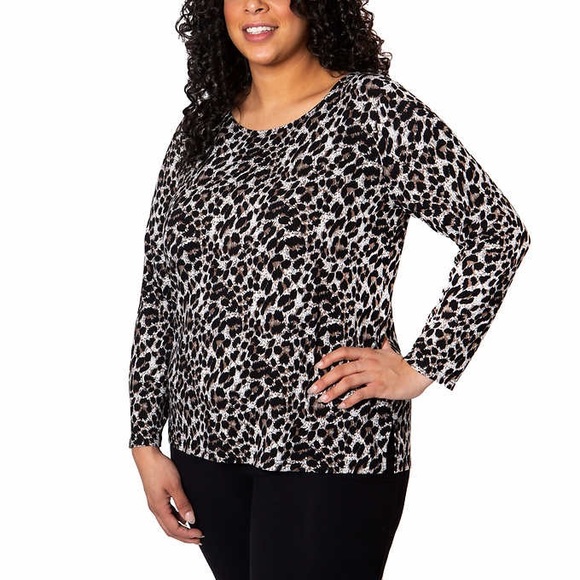 Mario Serrani Crew Neck Long Sleeve Tunic Top Brown Leopard Print Small - Picture 3 of 6